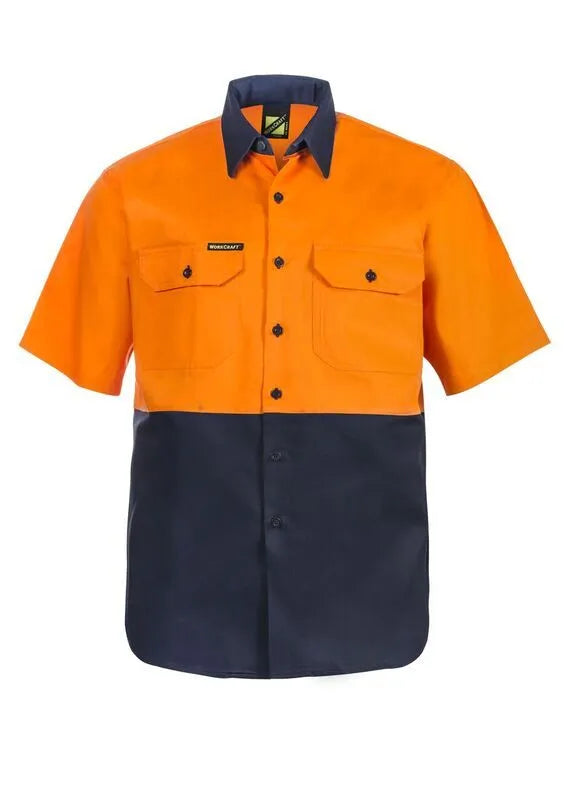 Front view of HI VIS Short Sleeve Cotton Drill Shirt Style WS3023 in Orange/Navy
