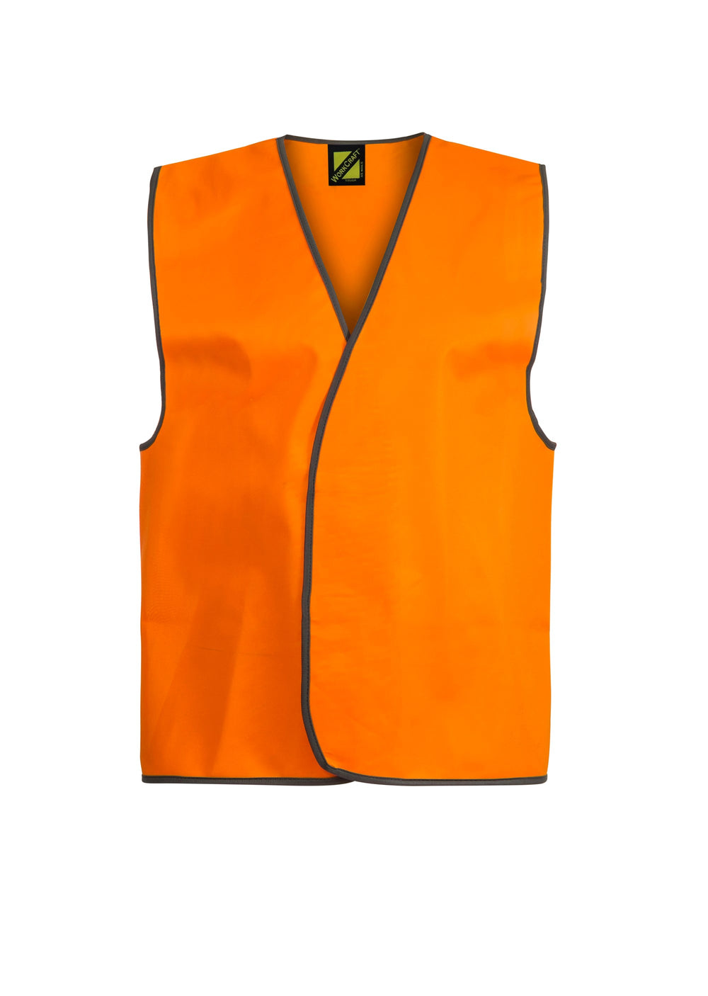 Front view of the Work Craft UNISEX HI VIS SAFETY VEST (WV7000), bright orange with contrast binding and easy hook and loop closure.