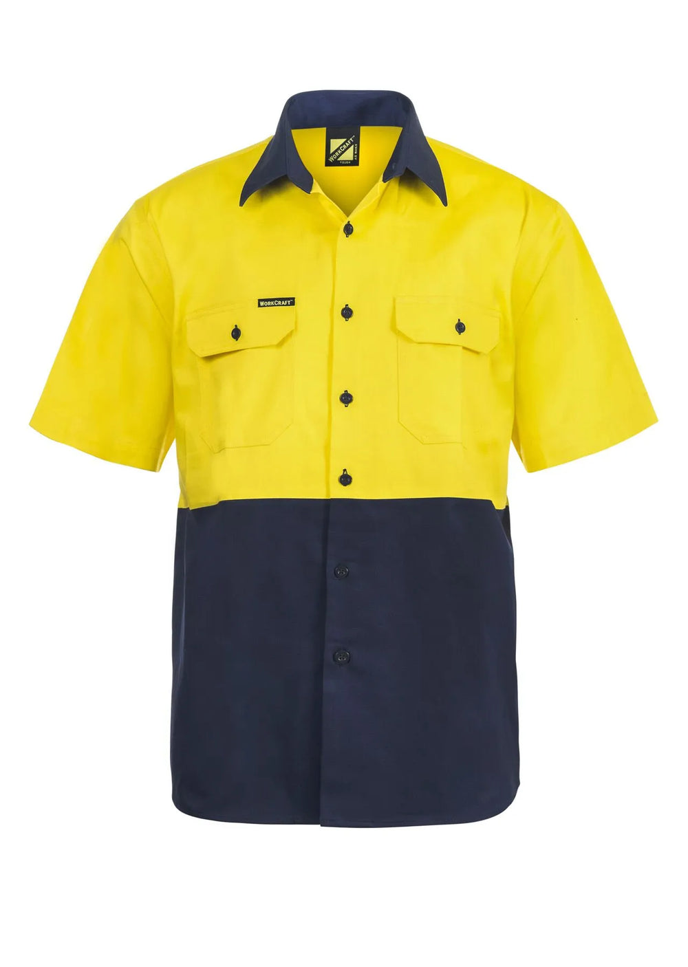 Front view of HI VIS Short Sleeve Cotton Drill Shirt Style WS3023 in Yellow/Navy