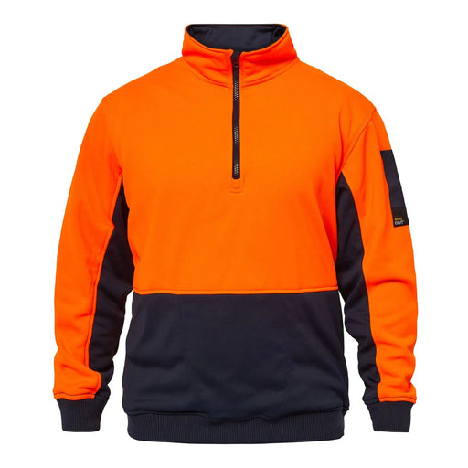 Front view of Workcraft Hi Vis Half Zip Pullover in Orange and Navy with kangaroo pocket and high visibility panel