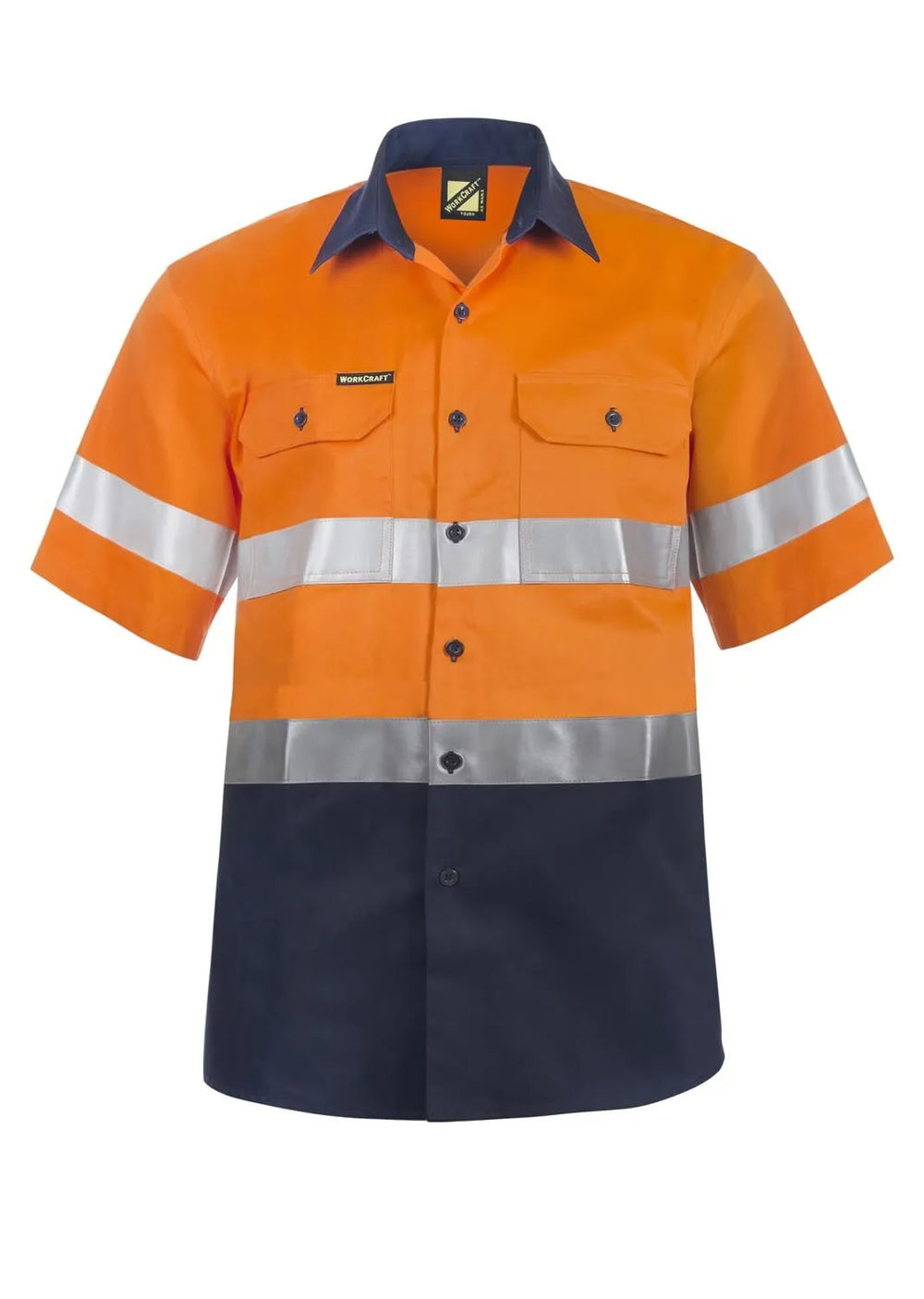 Front view of Workcraft Hi Vis Short Sleeve Cotton Drill Reflective Shirt WS4001 in orange/navy