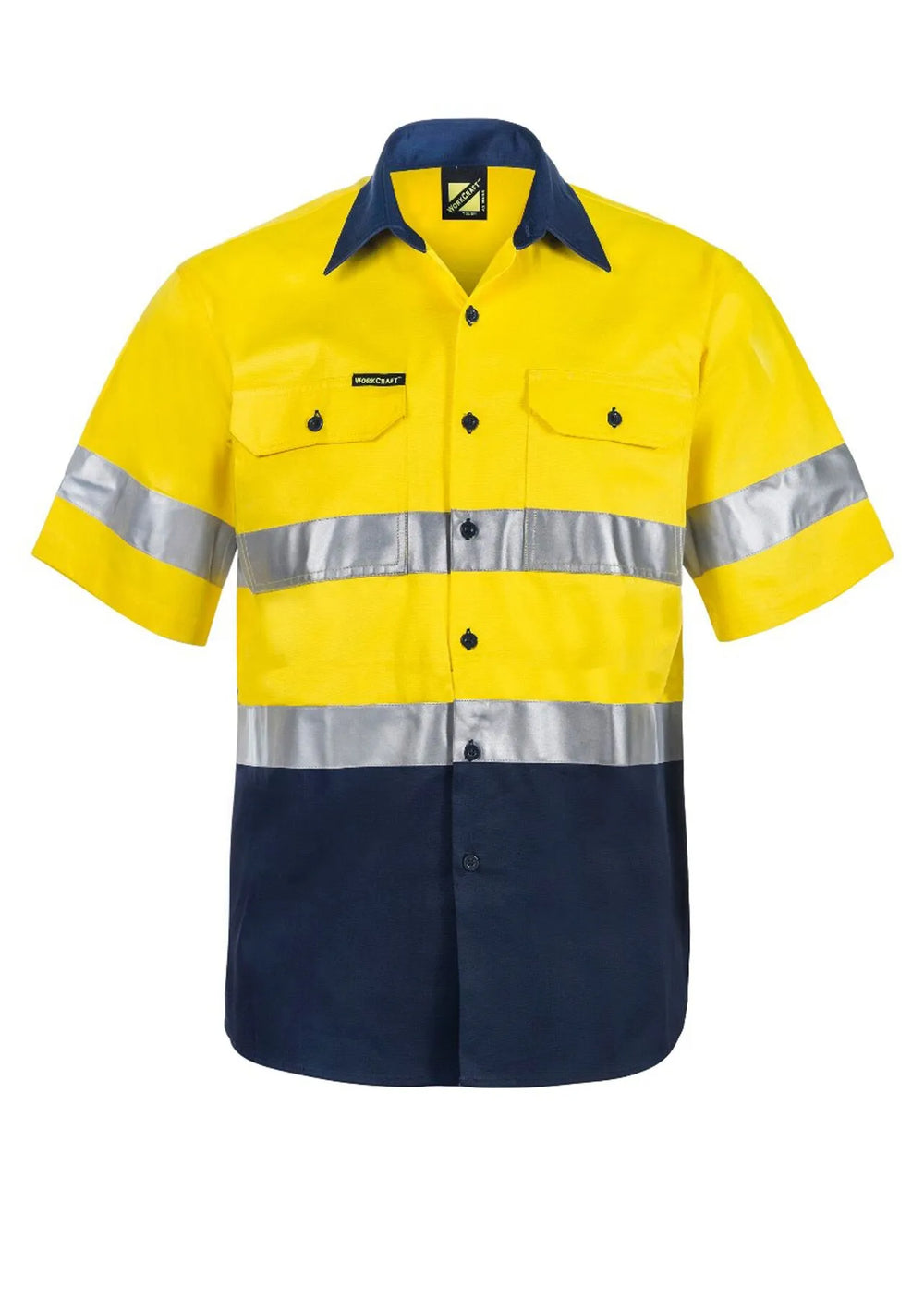 Front view of Workcraft Hi Vis Short Sleeve Cotton Drill Reflective Shirt WS4001 in yellow/navy