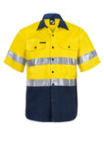 Front view of Workcraft Hi Vis Short Sleeve Cotton Drill Reflective Shirt WS4001 in yellow/navy