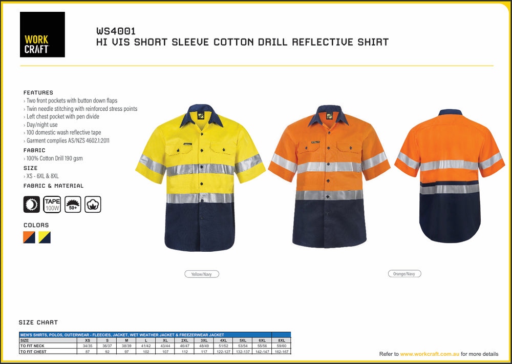 Image of Workcraft Hi Vis Short Sleeve Cotton Drill Reflective Shirt WS4001 specification and size chart