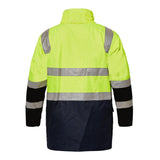 Back of reversible 6-in-1 workwear jacket in yellow and navy with bio-motion tape