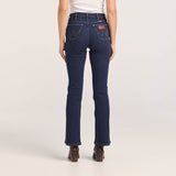 Back angle of Wrangler Women's Bootcut Jean highlighting bootcut leg opening, contoured waistband, and embroidered brand logo.
