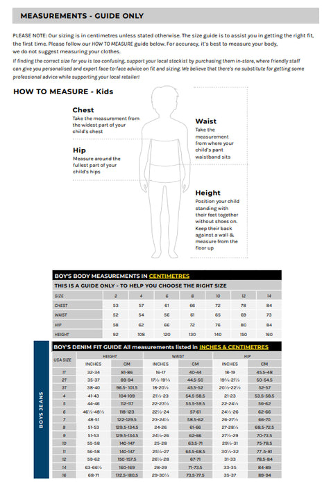 Measurement guide for children with a diagram and size chart.