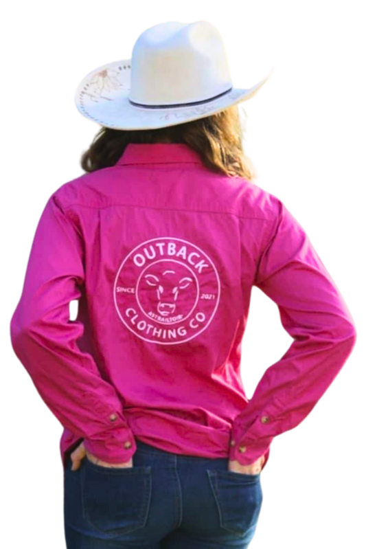 back view OCC pink embroidered shirt relaxed fit women's