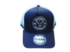 Front view of Karijini Kids Trucker Cap in navy with white OCC logo embroidery and blue double side stripes.