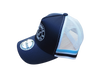 Left side angle of Karijini Kids Trucker Cap showing navy front panel, white mesh back, and bright blue stripes.