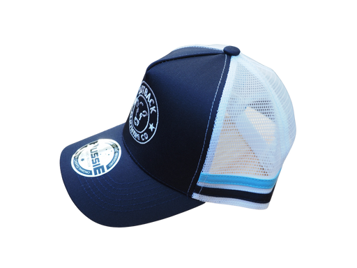 Left side angle of Karijini Kids Trucker Cap showing navy front panel, white mesh back, and bright blue stripes.