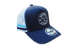 Right side angle of Karijini Kids Trucker Cap showing navy front panel, white mesh back, and bright blue stripes.