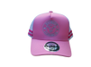 Front view of Karijini Kids Trucker Cap in pink with white OCC logo embroidery, white mesh back, and double hot pink side stripes.