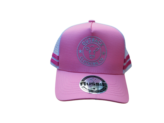Front view of Karijini Kids Trucker Cap in pink with white OCC logo embroidery, white mesh back, and double hot pink side stripes.