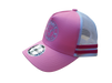 Left side angle of the Karijini Kids Trucker Cap showing pink front panel, white mesh, and vibrant hot pink double stripes.