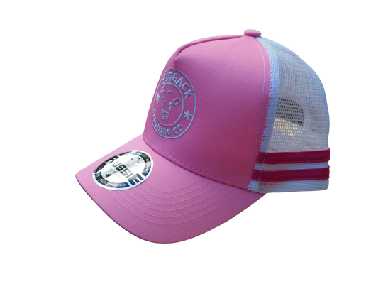 Left side angle of the Karijini Kids Trucker Cap showing pink front panel, white mesh, and vibrant hot pink double stripes.