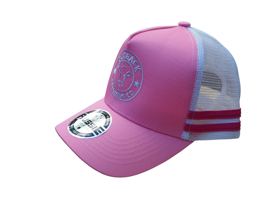Left side angle of the Karijini Kids Trucker Cap showing pink front panel, white mesh, and vibrant hot pink double stripes.