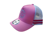 Left side angle of the Karijini Kids Trucker Cap showing pink front panel, white mesh, and vibrant hot pink double stripes.