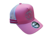 Right side angle of the Karijini Kids Trucker Cap showing pink front panel, white mesh, and vibrant hot pink double stripes.