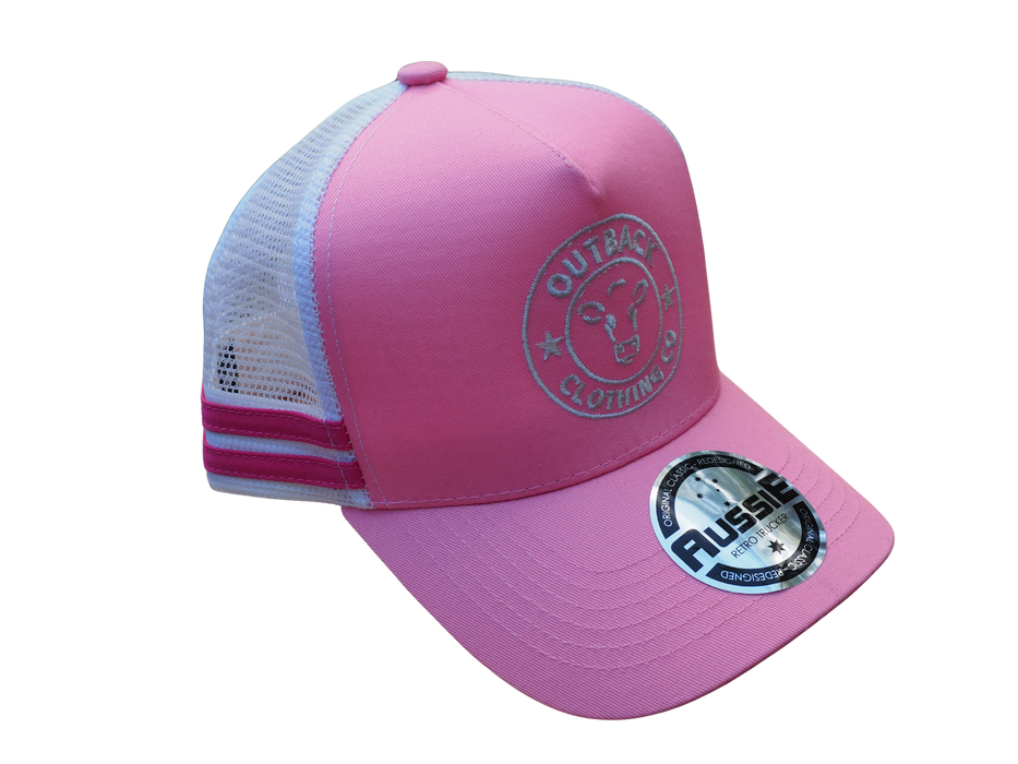Right side angle of the Karijini Kids Trucker Cap showing pink front panel, white mesh, and vibrant hot pink double stripes.