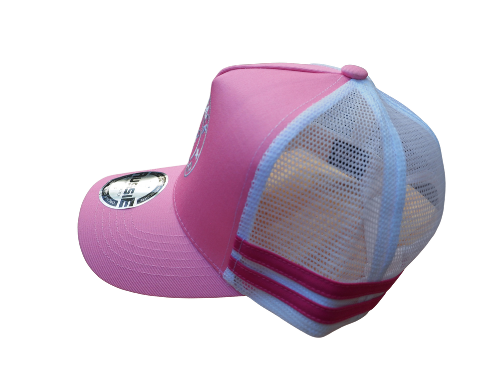Overhead shot showing structured crown and alignment of hot pink double stripes on the Karijini Kids Trucker Cap.