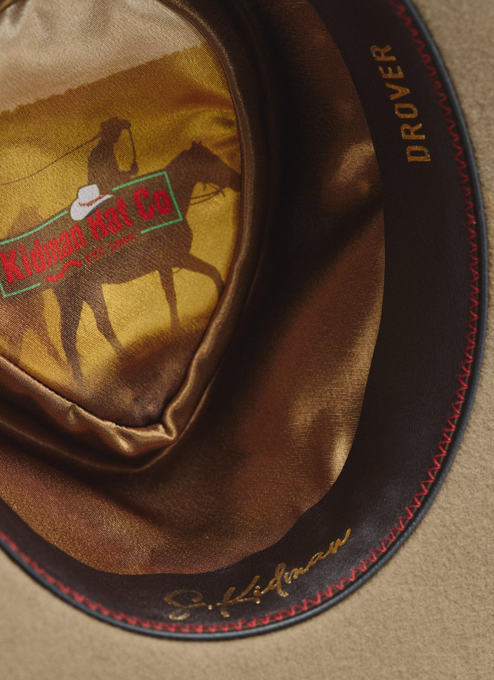 Inside view of Kidman Drover Hat with soft leather sweatband and printed soft lining (4HAU002)
