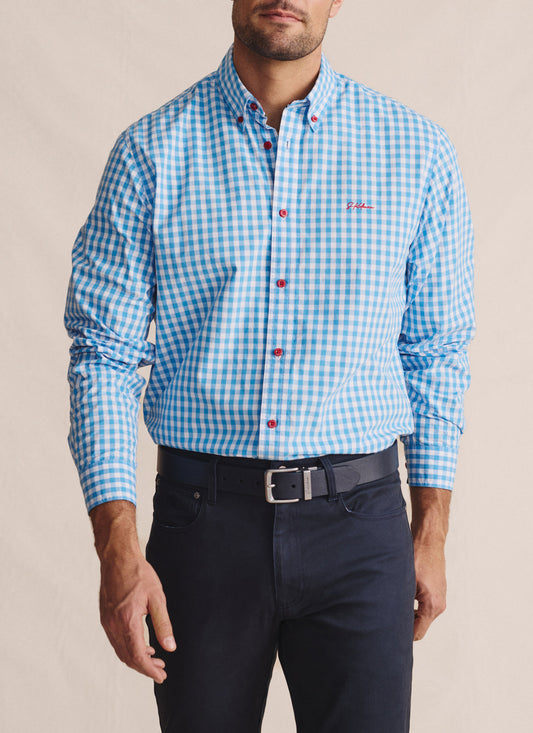 Front view of the S.Kidman Holstein Long Sleeve Station Shirt in Pale Blue with red buttons and logo embroidery.