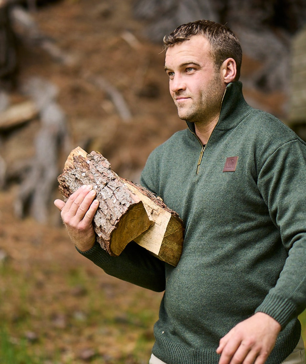 Mariner Jumper in Olive: Front view showcasing the ribbed crewneck collar, button-accented shoulder details, and relaxed fit.