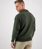 Mariner Jumper in Olive: Back view highlighting the ribbed hem and durable knitted fabric texture.
