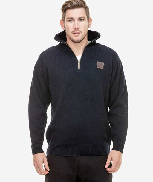 Mariner Jumper Navy Blue - Front angle showcasing cable-knit pattern, ribbed hem, and buttoned placket.