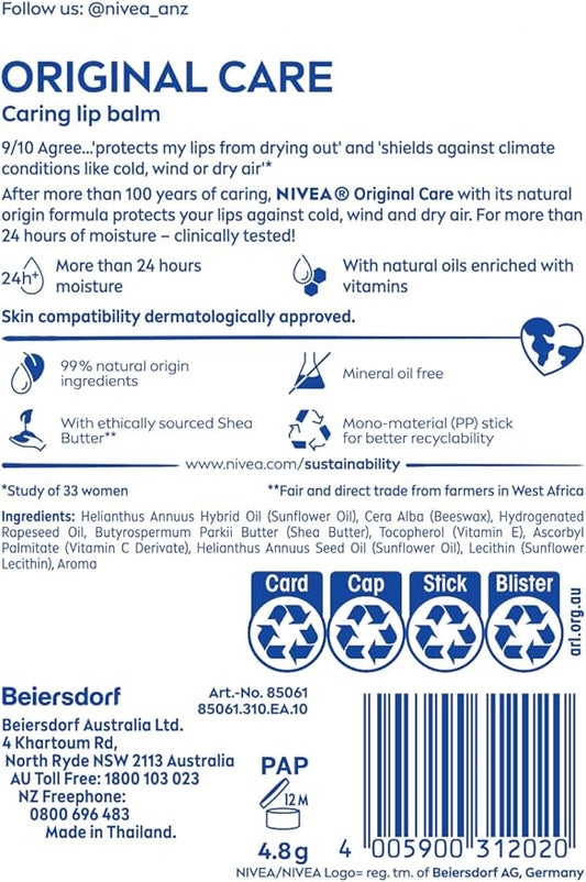Back of pack – Nivea Lip Original Moisturising Balm 4.8g – ingredients and usage details for dry, cracked lips care in remote and outdoor conditions