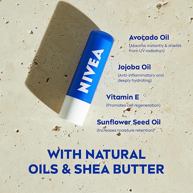 Close-up of Nivea Lip Balm Original 4.8g with shea butter and jojoba oil formula for soft, smooth lips