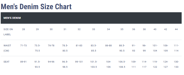 Riders By Lee men’s jeans size chart showing waist and seat measurements in centimetres, available at Outback Clothing Co.
