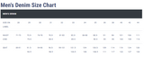 Riders By Lee men’s jeans size chart showing waist and seat measurements in centimetres, available at Outback Clothing Co.
