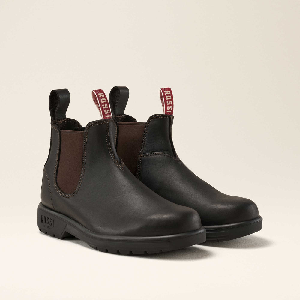 Rossi 303 Claret leather work boot with elastic sides, pull tabs, and a classic round toe design.