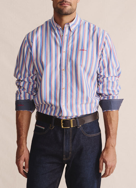 Front view of S. Kidman Dexter Long Sleeve Shirt in mid blue candy stripe with button-up front and chest pockets