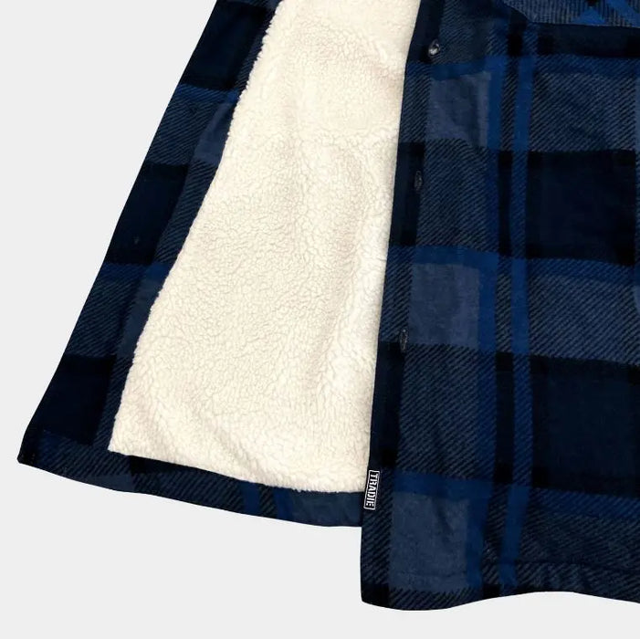 Close-up of soft Sherpa lining and blue flannel fabric