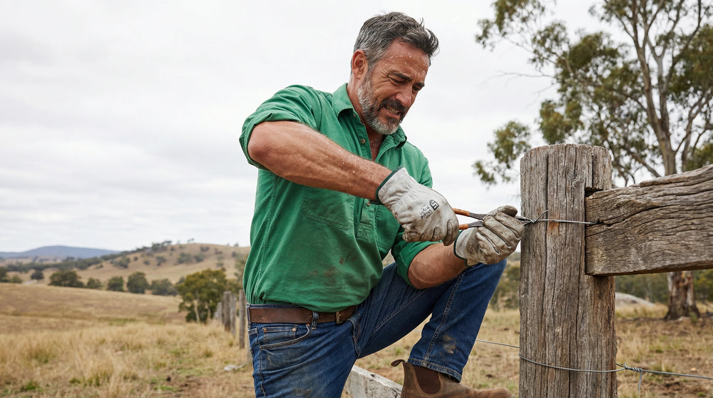Shield Right cowhide riggers gloves used for fencing work on Australian farm
