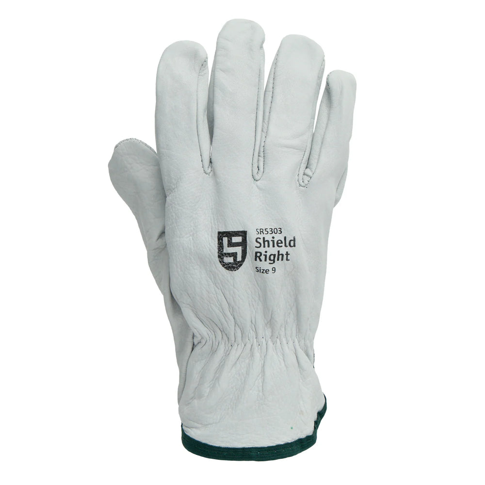 Shield Right cowhide riggers gloves grey back view with elastic shirred wrist