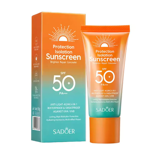 SPF 50+ facial sunscreen in dual-tube 50g pack, designed for daily sun protection and skincare