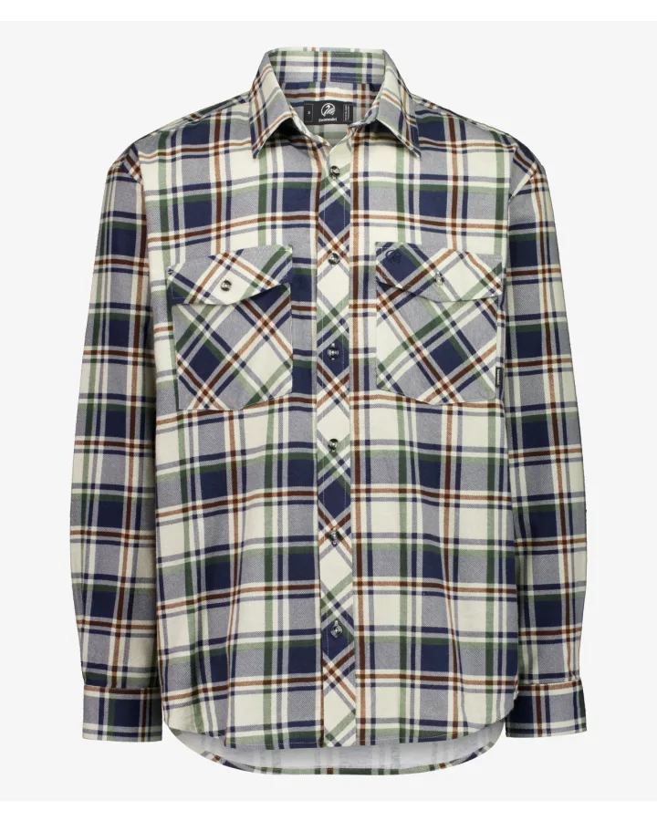 Plaid shirt with a mix of blue, green, and beige colors on a white background