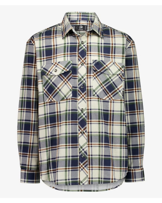 Plaid shirt with a mix of blue, green, and beige colors on a white background