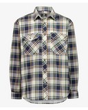 Plaid shirt with a mix of blue, green, and beige colors on a white background