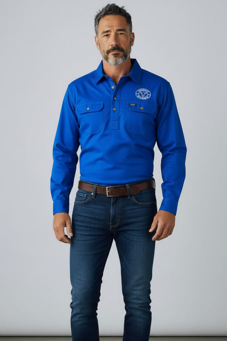 The Fitzroy Men’s Long Sleeve Cotton Half-Button Work Shirt – Blue