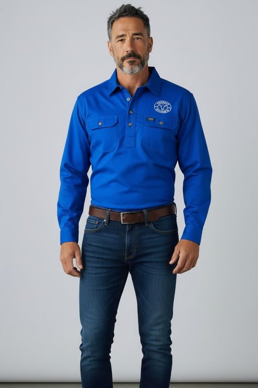 The Fitzroy Men’s Long Sleeve Cotton Half-Button Work Shirt – Blue