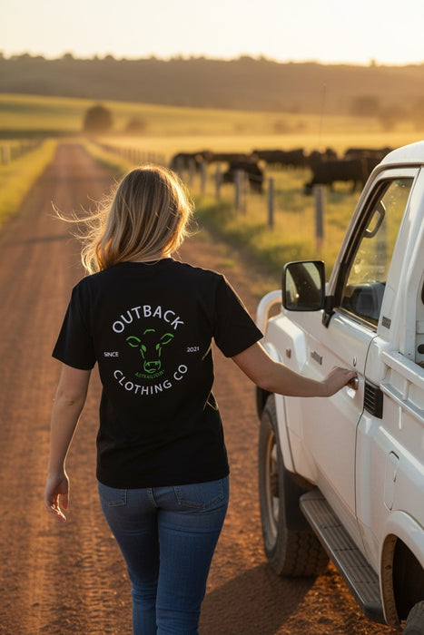 Outback Classic Tee – Black Neon Green Cow (Women’s)
