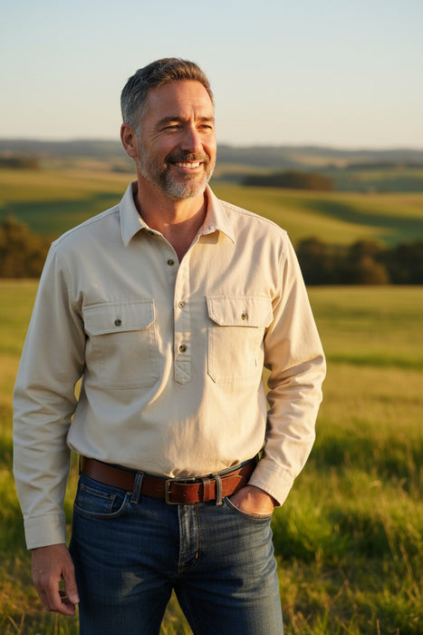 Swanndri Bendigo Men’s Half Button L/S Shirt (SS18217M) Bone