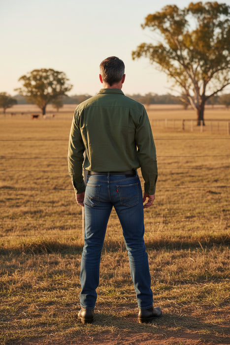 The Gibson – Half Button Long Sleeve Work Shirt - Gum Leaf Green