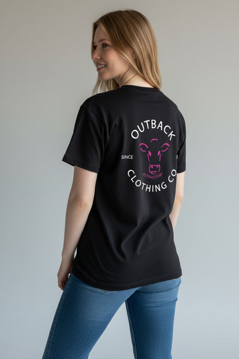 Outback Classic Tee – Black Neon Pink Cow (Women’s)
