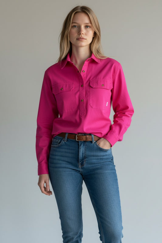 Swanndri Women’s Half Button L/S Shirt (SS192133W) Bright Pink